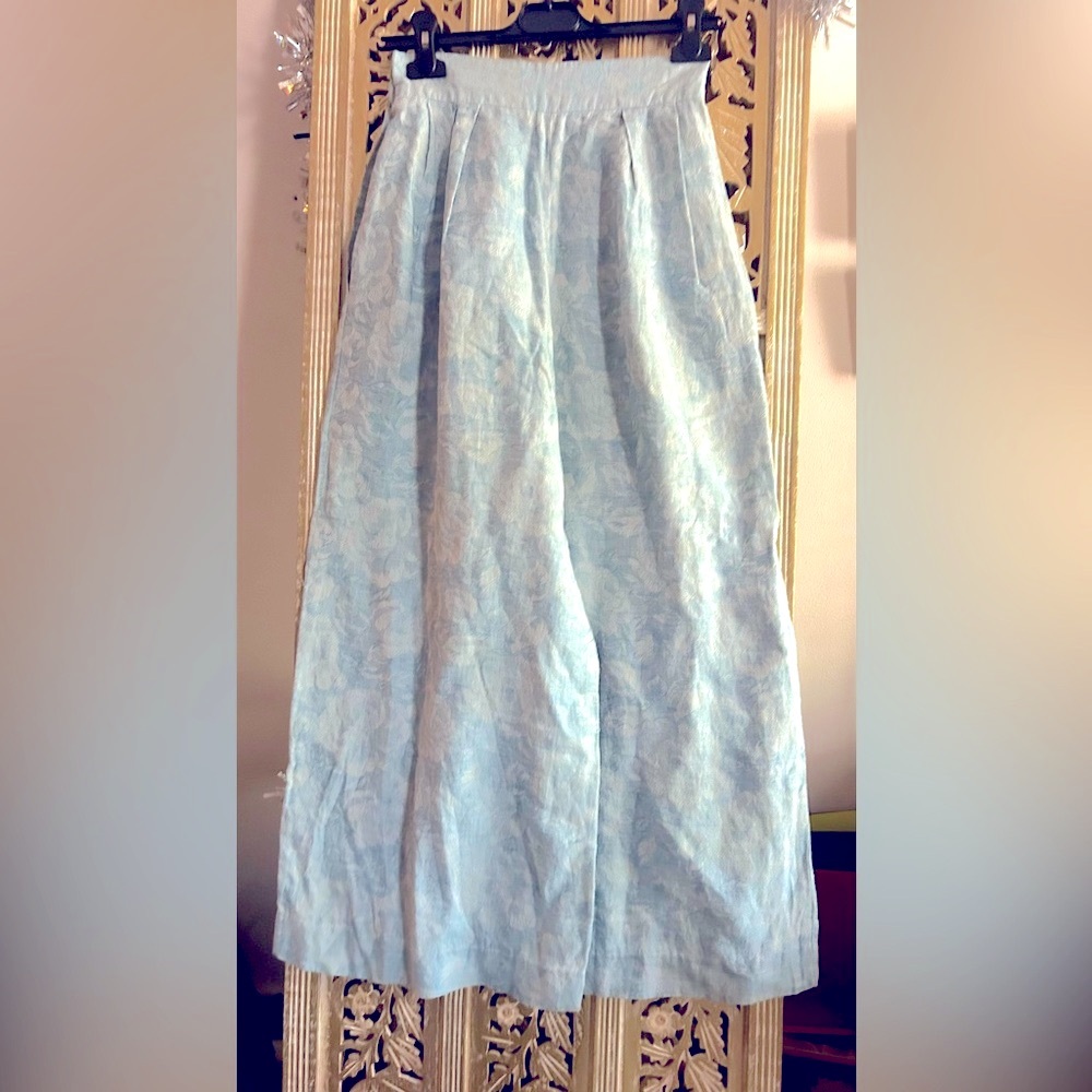 VTG Perry Ellis palazzo wide leg pants flowy high waist blue white linen cotton